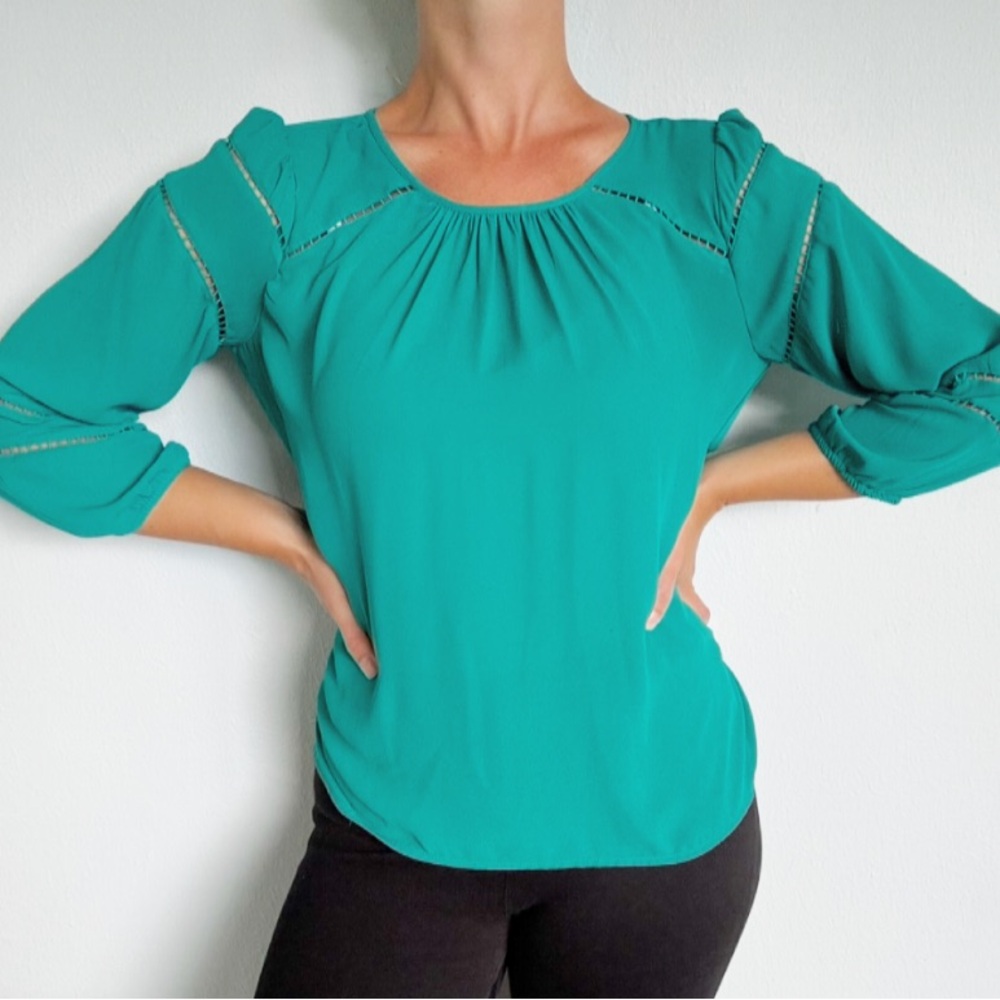LOFT teal blue green cut out trim bubble sleeve blouse size small petite